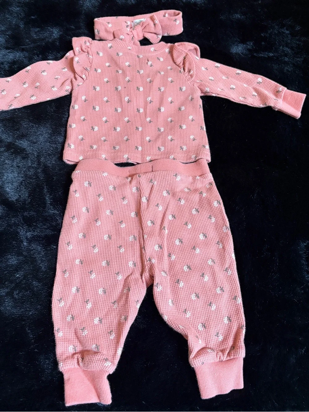 Pink Floral Knit Two-Piece Kids Pajama Set with Headband